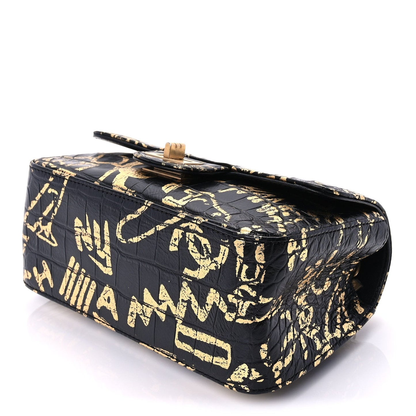 Calfskin Crocodile Embossed Graffiti 2.55 Mini Cocodile Reissue Flap  Black Gold