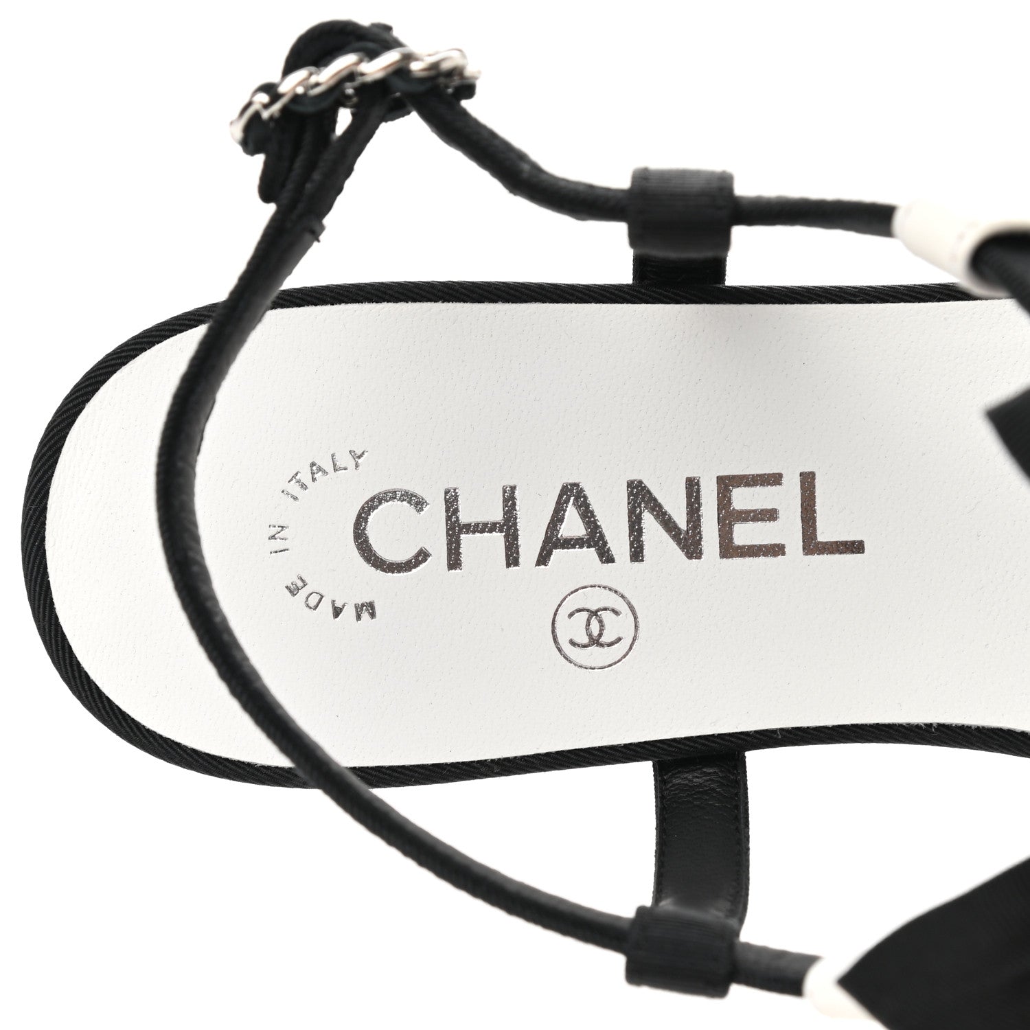Chanel Lambskin Grosgrain Crystal Chain CC Logo Bow Slingback Flats 38 White Black 7 of 9