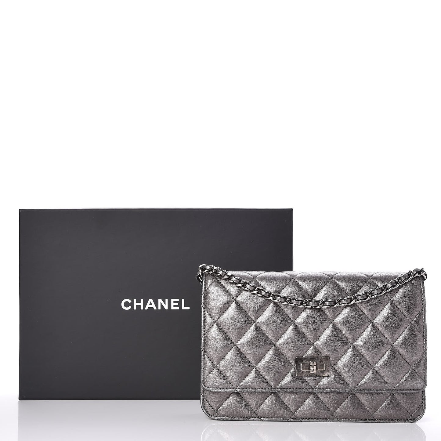 Metallic Lambskin Quilted Reissue Wallet On Chain WOC Dark Silver