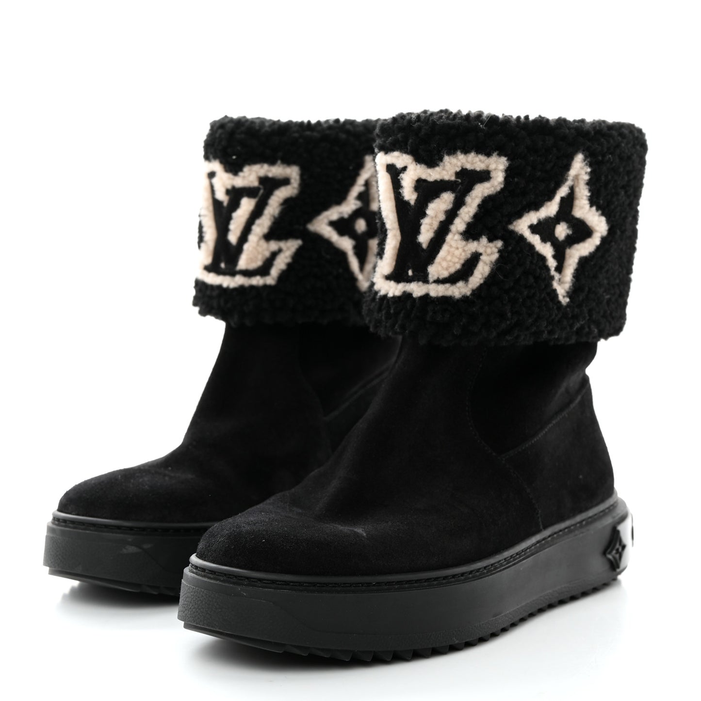 Suede Calfskin Shearling Snowdrop Flat Ankle Boot 37 Black