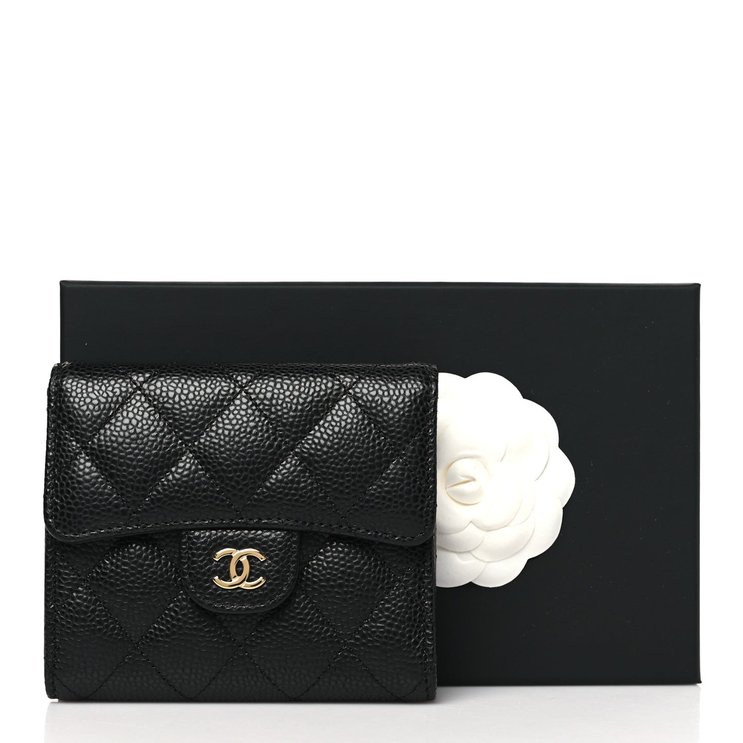 Caviar Quilted Compact Flap Wallet Black
