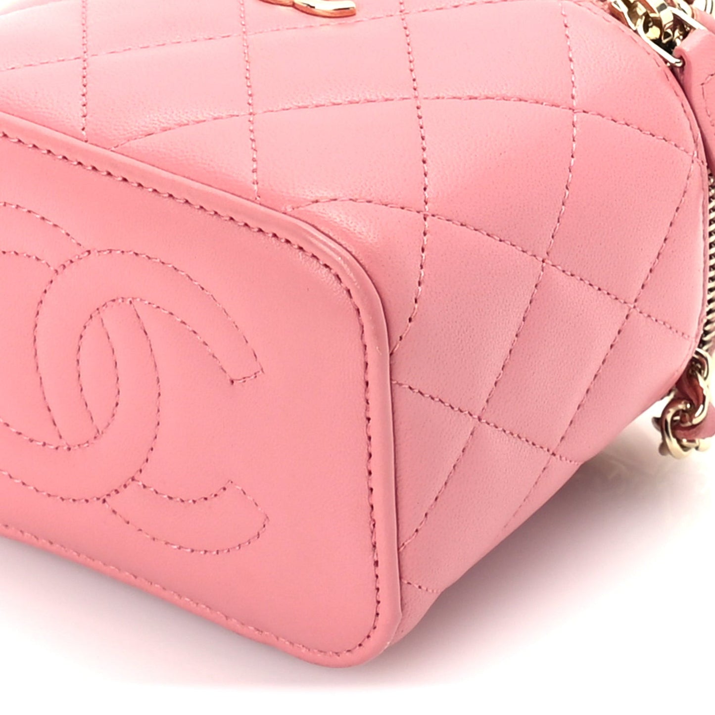 Lambskin Quilted Top Handle Mini Vanity Case With Chain Pink