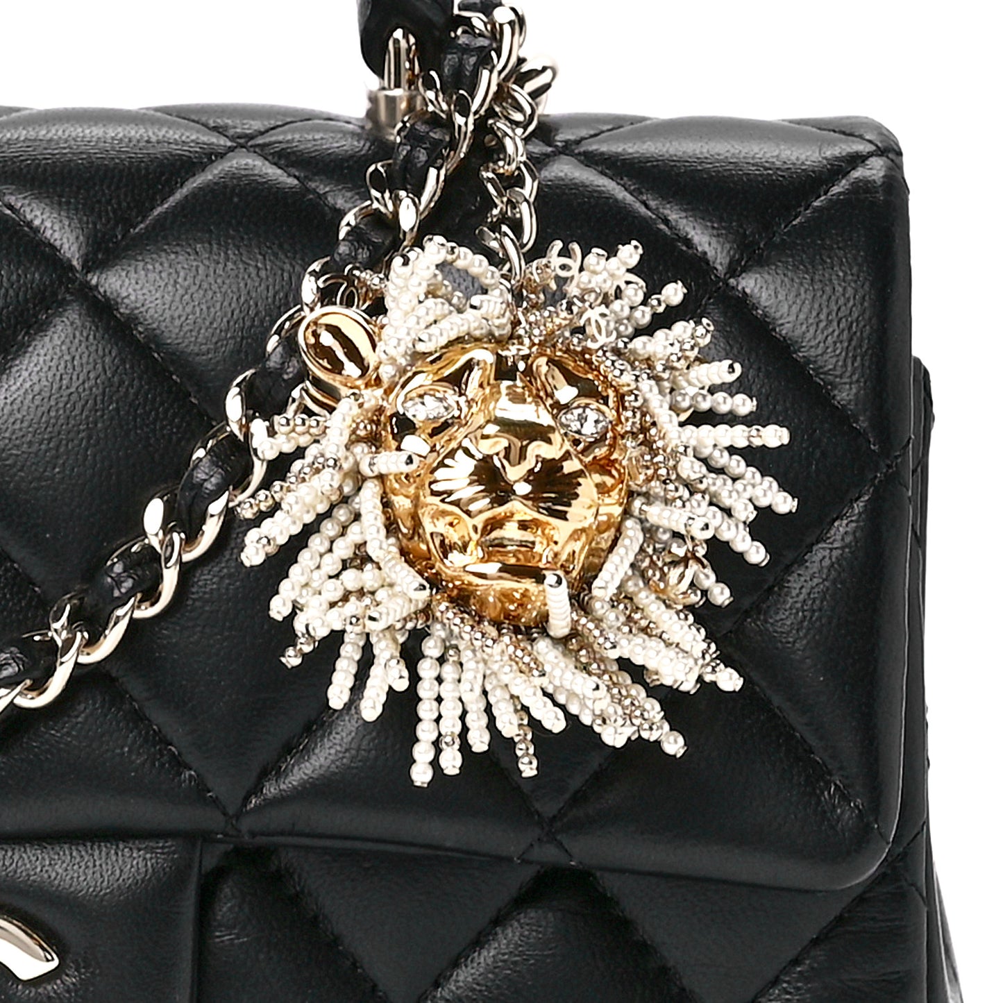 Lambskin Pearl Crystal Quilted Mini CC Lion Charm Top Handle Rectangular Flap Black