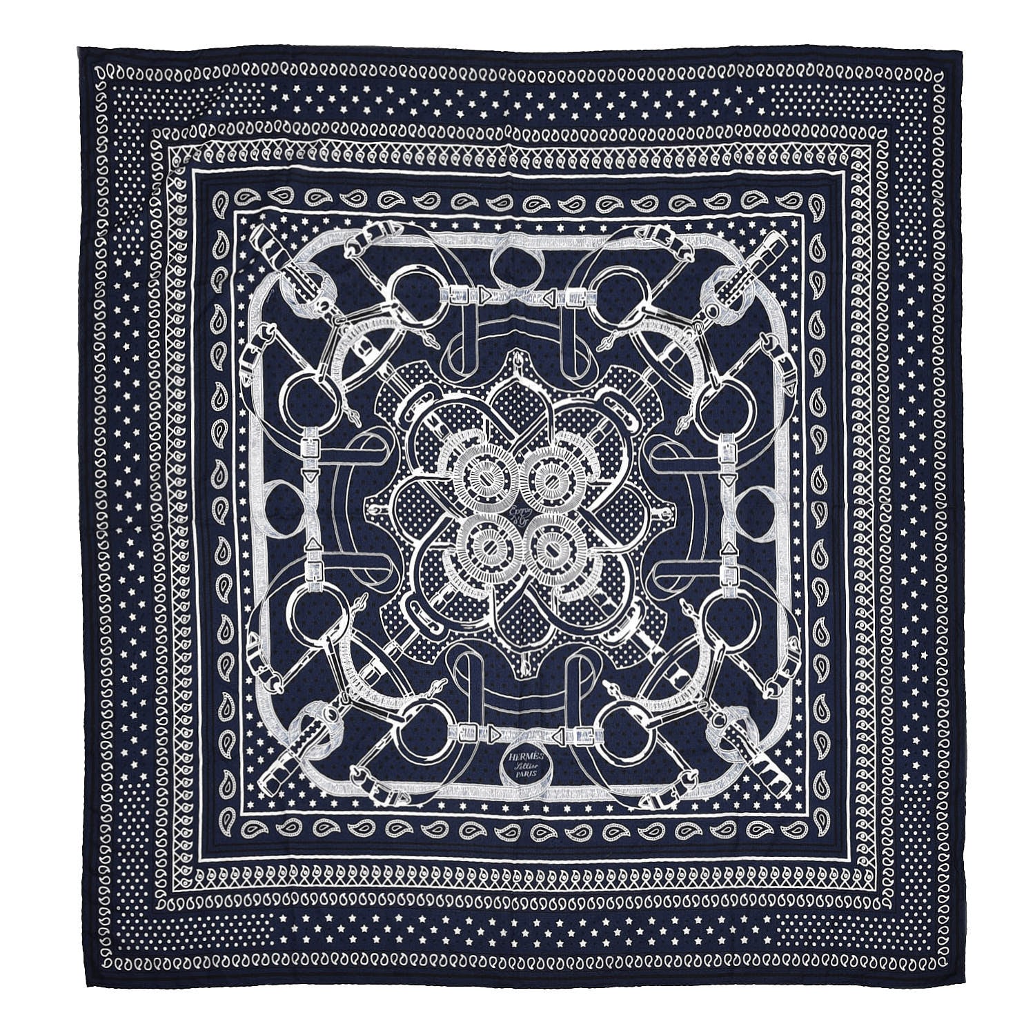 Hermes Silk Cashmere Grand Manege Bandana Shawl 140 Marine Blanc 1 of 5