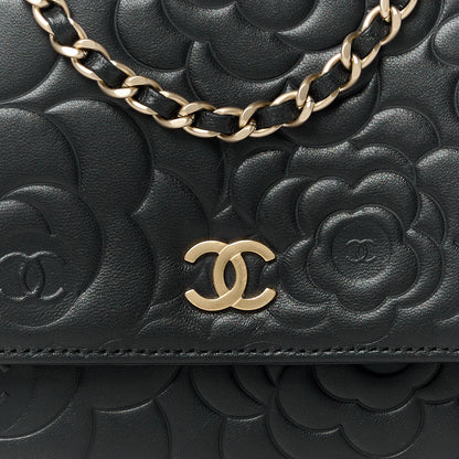 Chanel Lambskin Camellia Embossed Wallet on Chain WOC Black 9 of 11