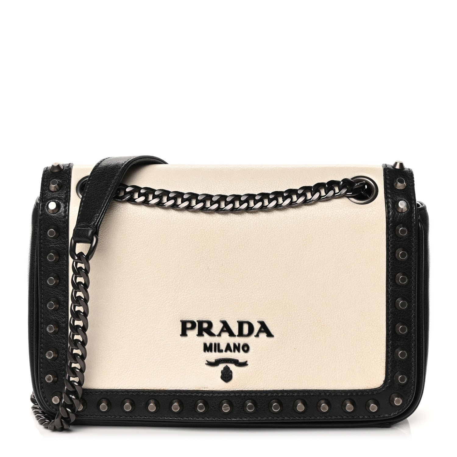 Prada Glace Calfskin Studded Crossbody Black White 1 of 9