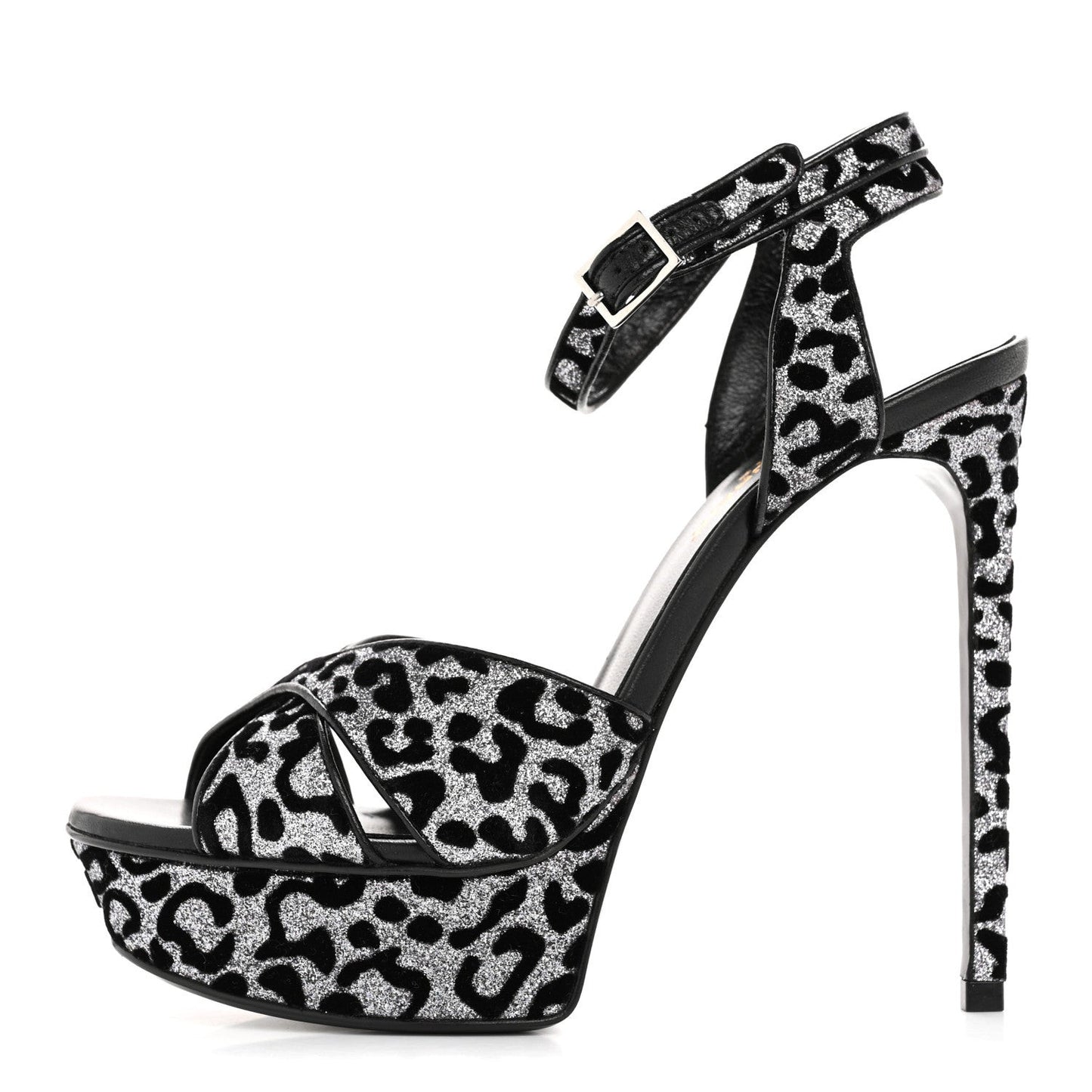 Velvet Glitter Leopard Print Platform Sandals 37 Argento Black