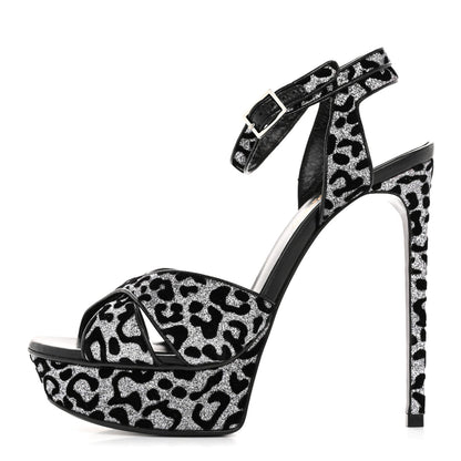 Saint Laurent Velvet Glitter Leopard Print Platform Sandals 37 Argento Black 1 of 7