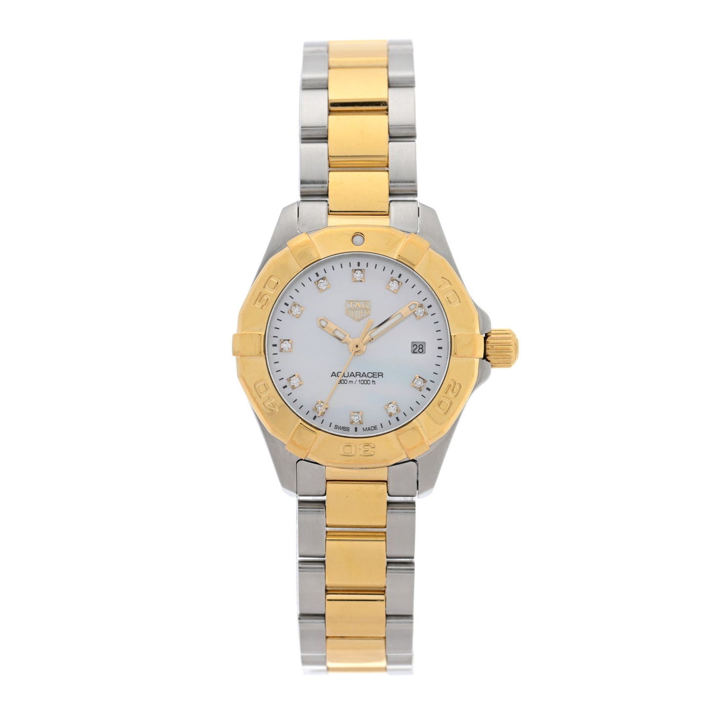 Stainless Steel 18K Yellow Gold Diamond Mother of Pearl 27mm Aquaracer Lady Quartz Watch WBD1422