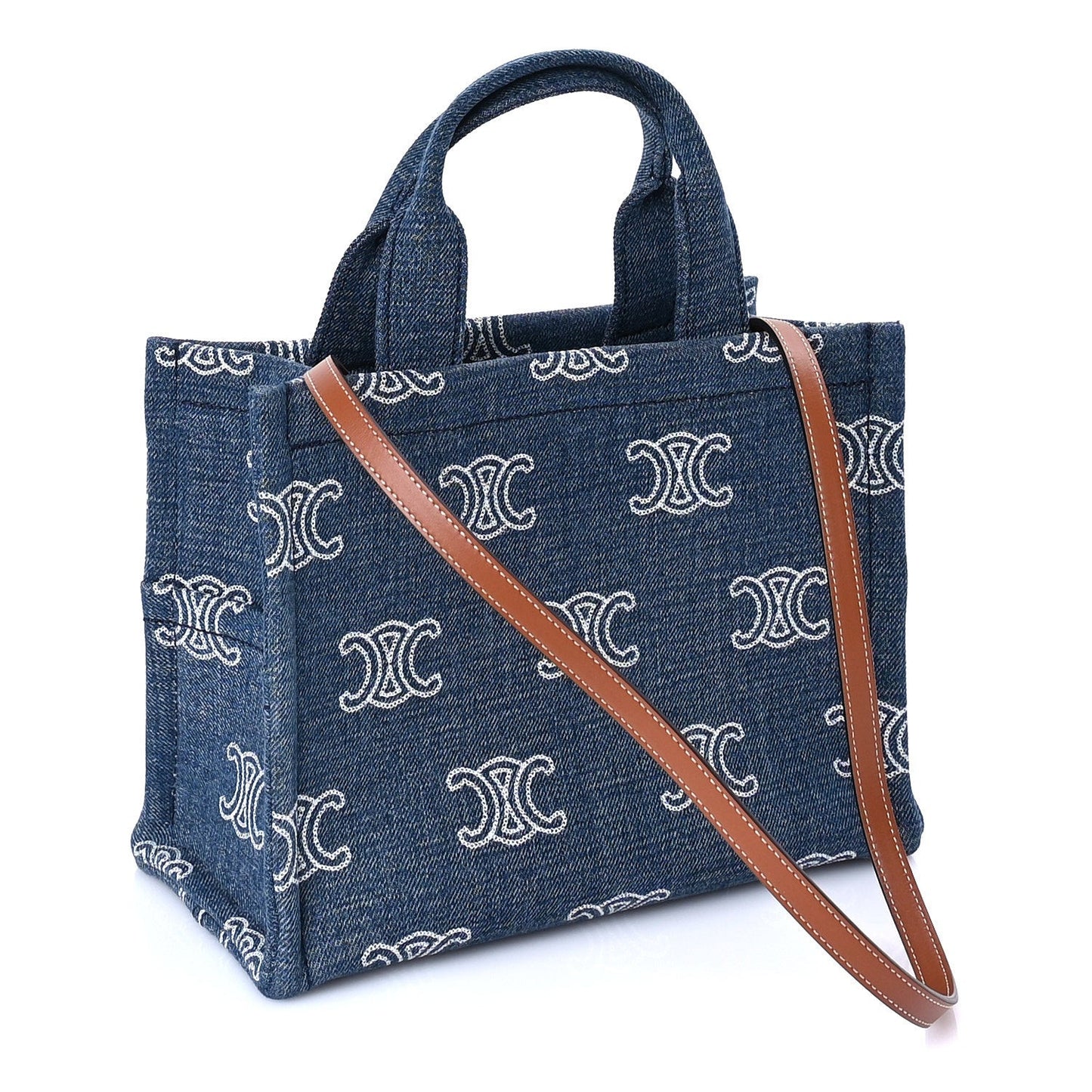 Denim Calfskin Triomphe Print Cabas Blue Tan