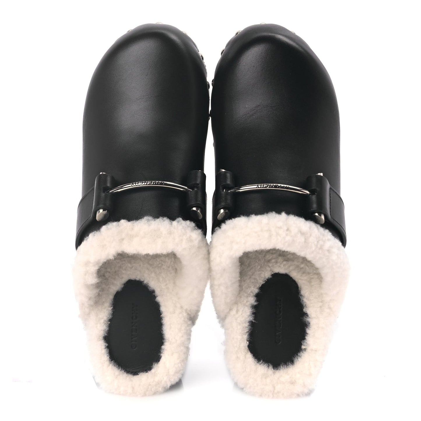 Calfskin Shearling Studded Platform Clogs 38 Black
