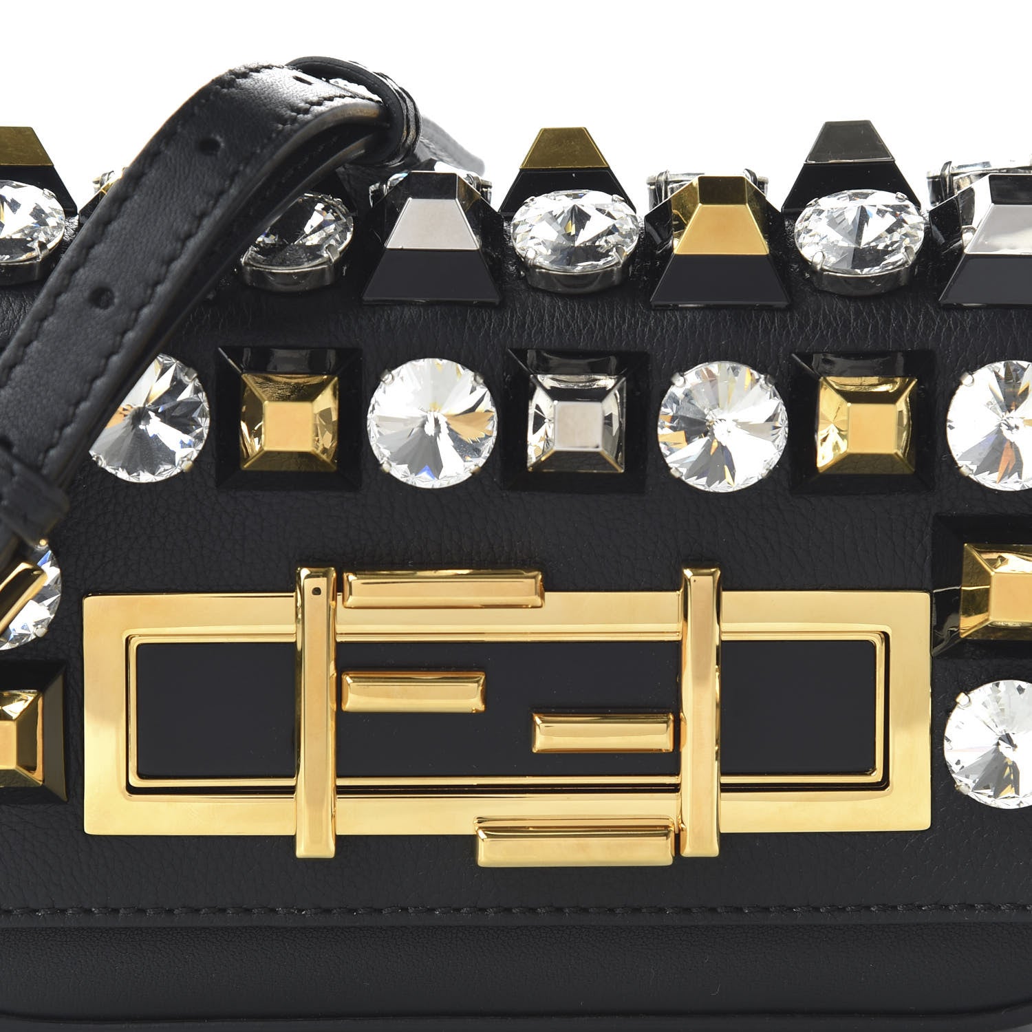 Fendi Vitello Dolce Crystal Studded Mini 3Baguette Shoulder Bag Black Gold 9 of 9