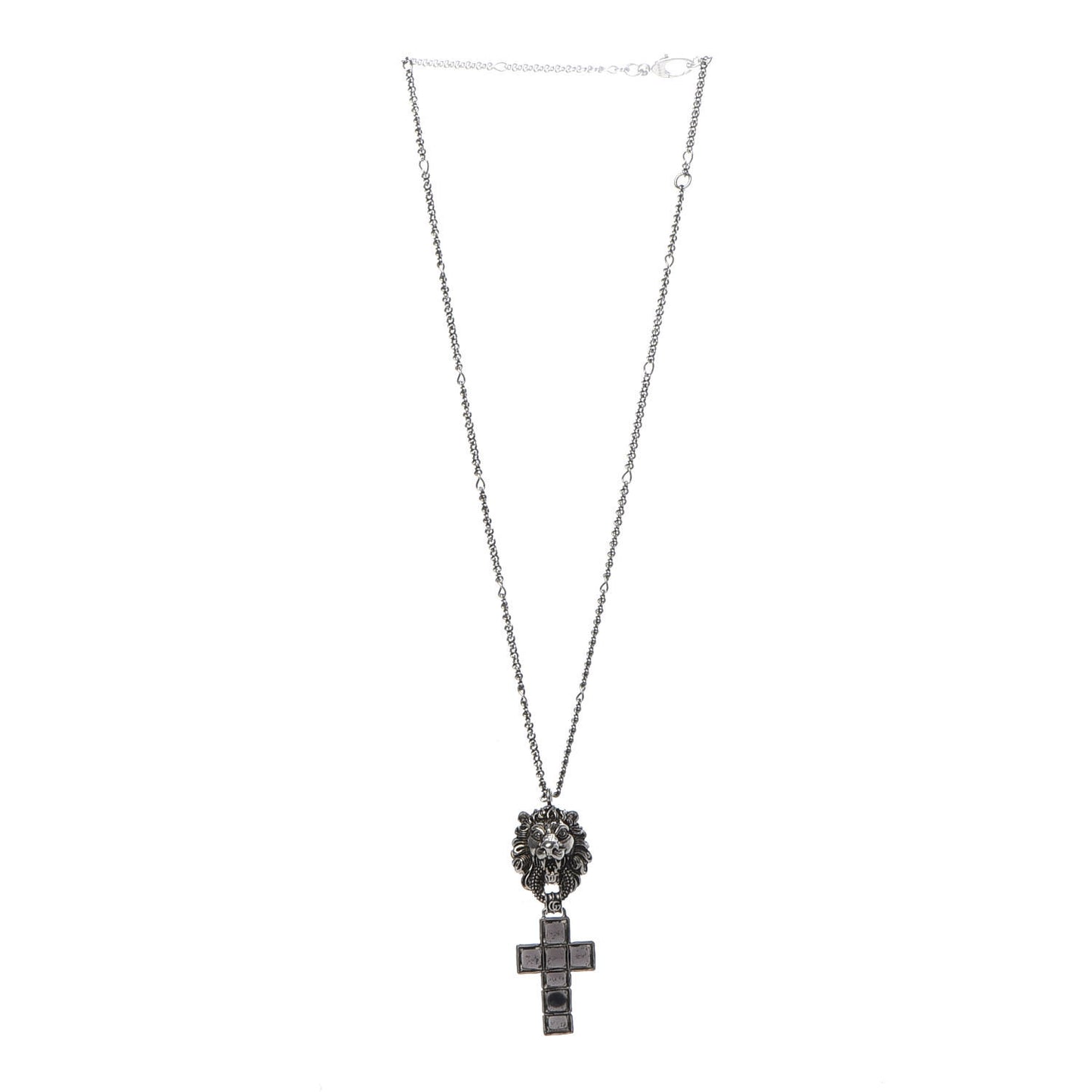 Enamel Brass Lion Head Crucifix Necklace Black