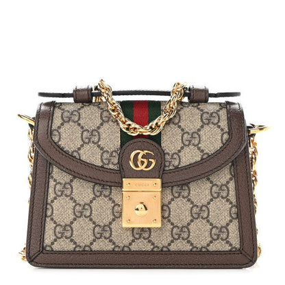 Gucci GG Supreme Monogram Textured Dollar Calfskin Web Mini Ophidia Padlock Top Handle Chain Shoulder Bag Beige Ebony New Acero 1 of 10