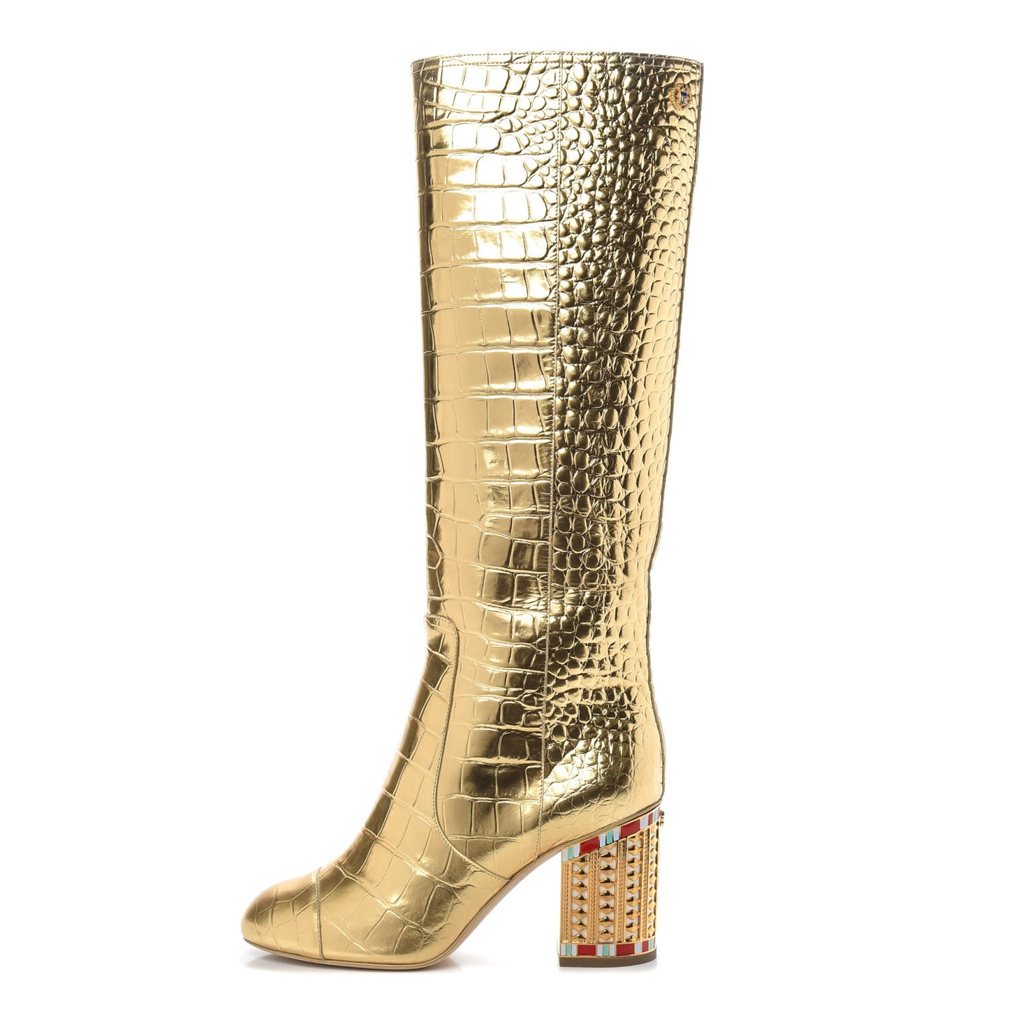 Calfskin Crocodile Embossed Cap Toe High Boots 38 Gold