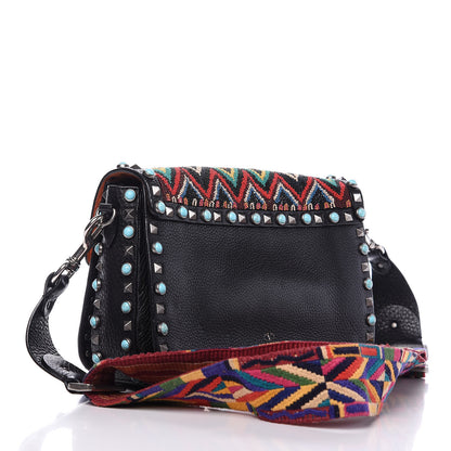 Valentino Garavani Pebbled Calfskin Beaded Medium Guitar Strap Rockstud Rolling Flap Saddle Bag Black 3 of 9