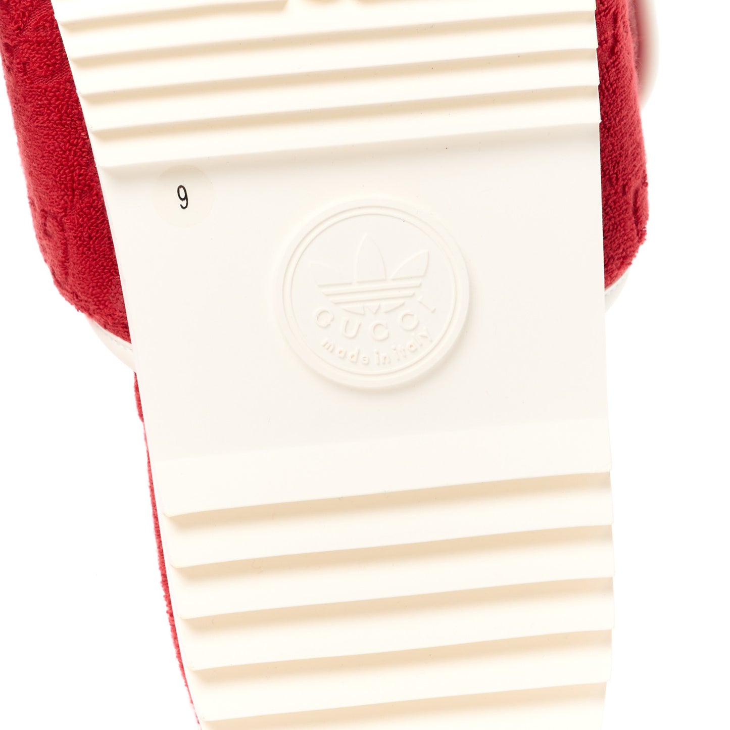 X ADIDAS Terry Cloth Trefoil GG Monogram Mens Platform Sandals 9 Maple Red Off White