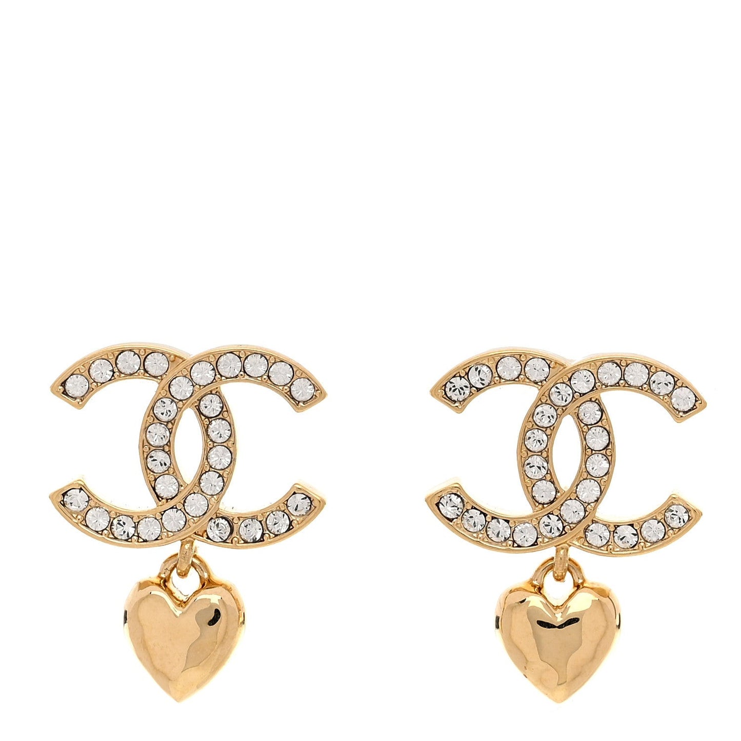 Metal Crystal CC Heart Drop Earrings Gold