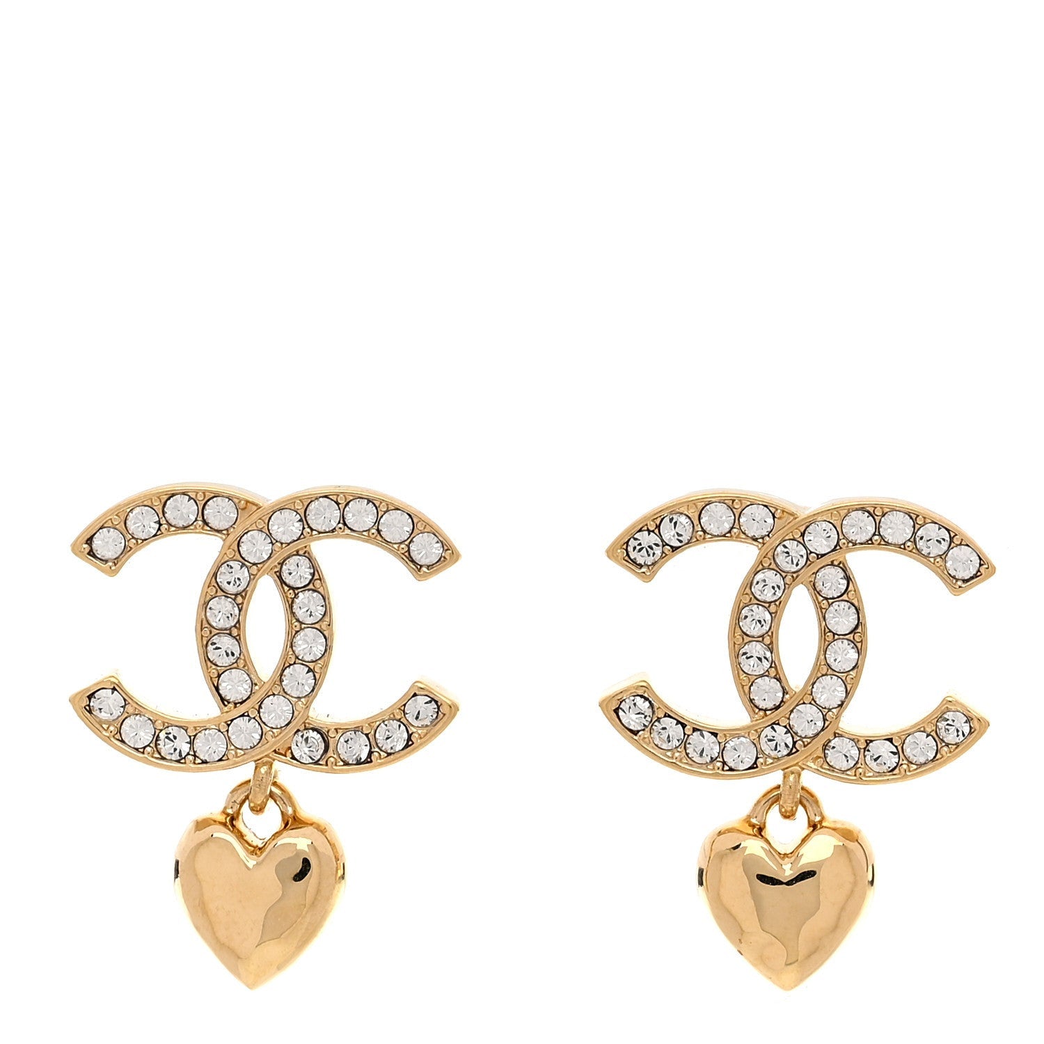 Chanel Metal Crystal CC Heart Drop Earrings Gold 1 of 5