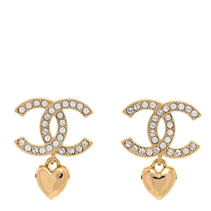 Chanel Metal Crystal CC Heart Drop Earrings Gold 1 of 5