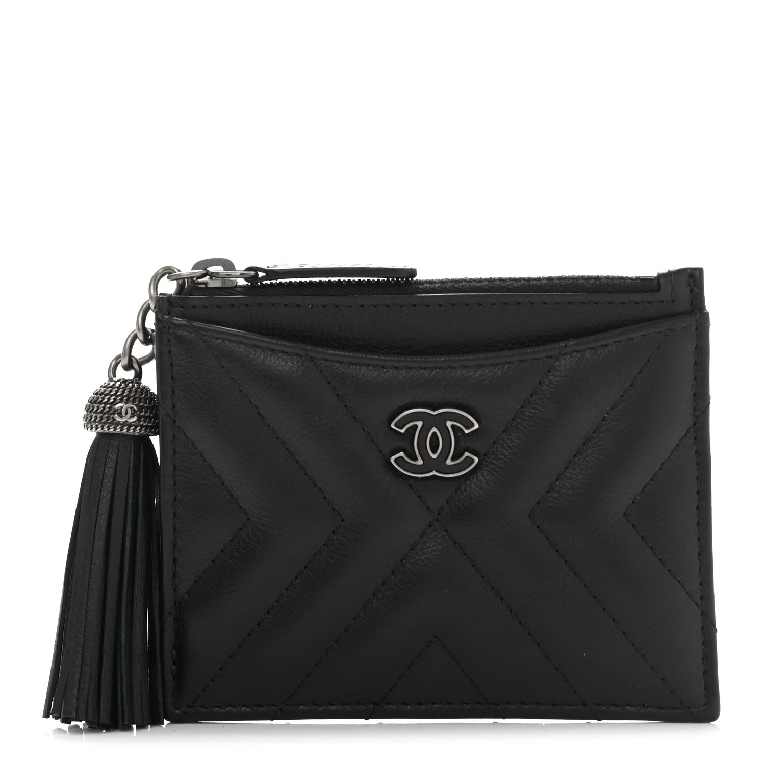 Chanel Calfskin Chevron Quilted Tassel Zip Card Holder Black 1 of 9