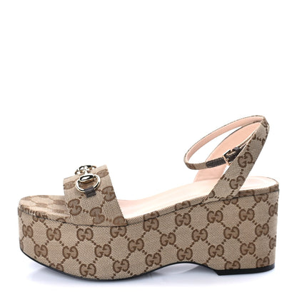 Gucci Monogram Nappa Chalotte Horsebit Ankle Strap 75mm Flatform Sandals 38.5  Beige Ebony 1 of 8