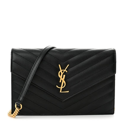 Saint Laurent Grain De Poudre Matelasse Chevron Monogram Envelope Chain Wallet Black 1 of 12