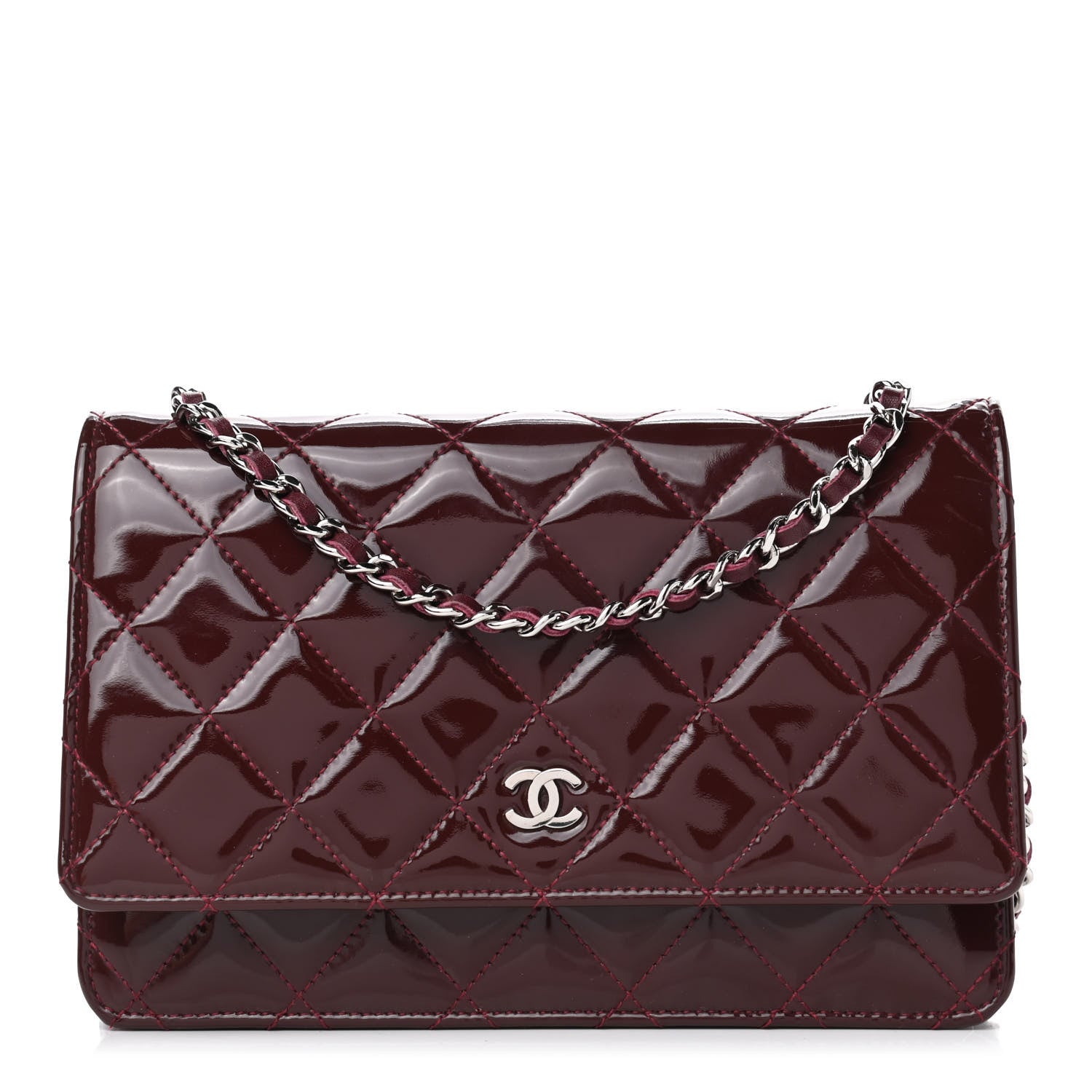 Chanel Patent Quilted Wallet On Chain WOC Burgundy 1 of 4