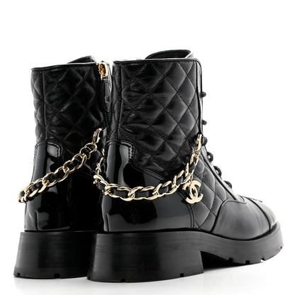 Chanel Shiny Calfskin Patent Quilted Chain Lace Up Combat Boots 36 Black 4 of 12