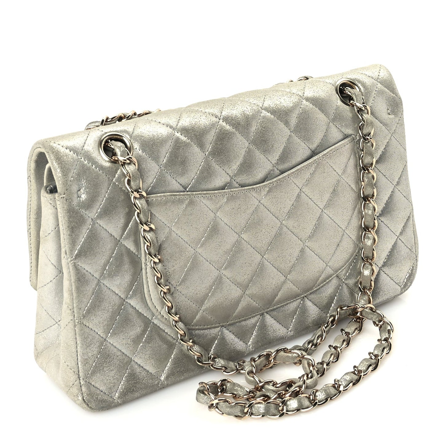 Iridescent Calfskin Quilted Medium Double Flap  Silver