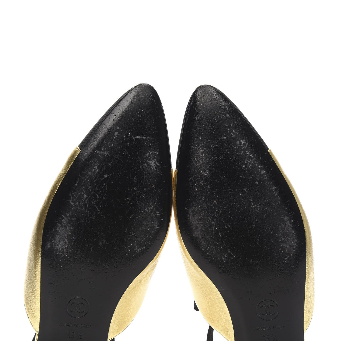 Laminated Lambskin Grosgrain Cap Toe Bow Flats 38.5 Gold Black
