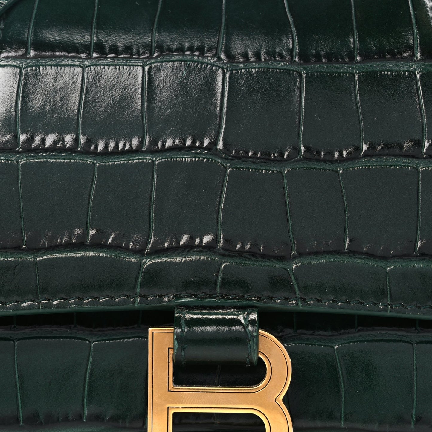 Shiny Calfskin Crocodile Embossed Small Hourglass Top Handle Bag Forest Green