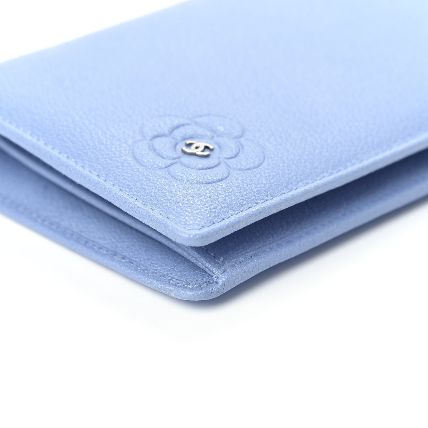 Goatskin Camellia Embossed Yen Wallet Blue