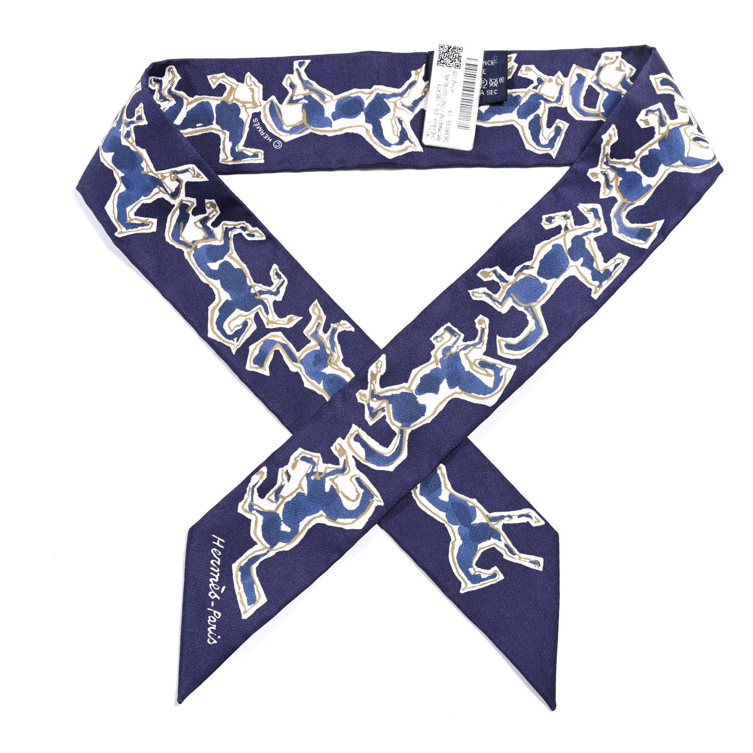 Hermes Silk Chevaux En Liberte Twilly Marine Indigo Blanc 1 of 4