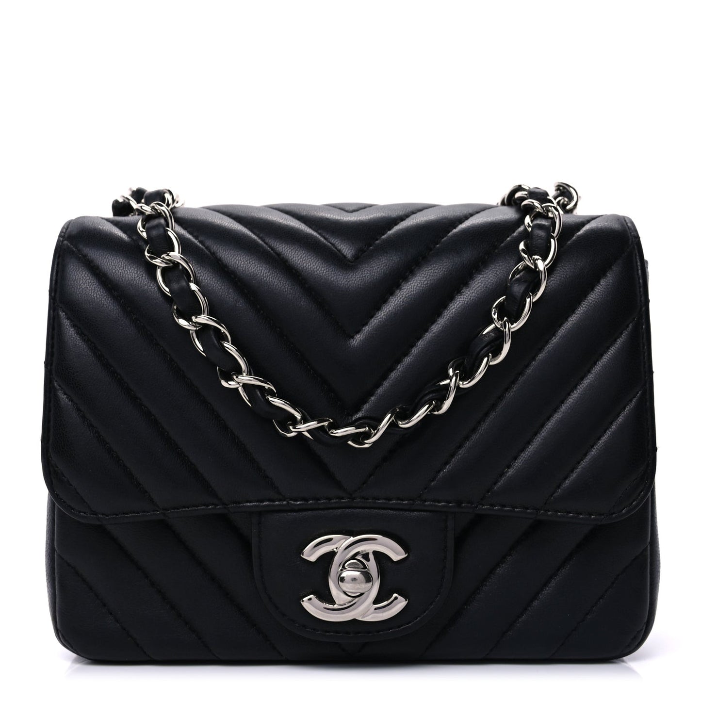 Lambskin Chevron Quilted Mini Square Flap  Black