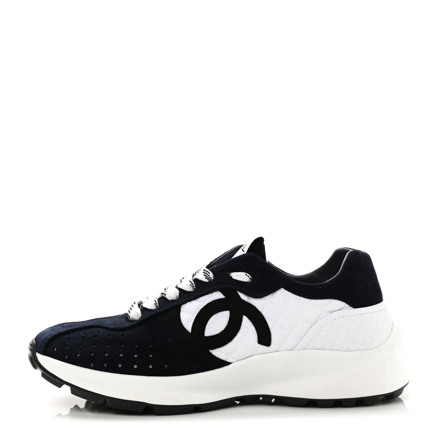 Chanel Suede Perforated Womens CC Sneakers 35.5 Navy White 1 of 8