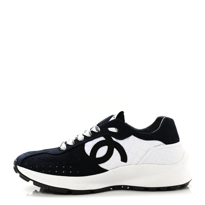 Chanel Suede Perforated Womens CC Sneakers 35.5 Navy White 1 of 8