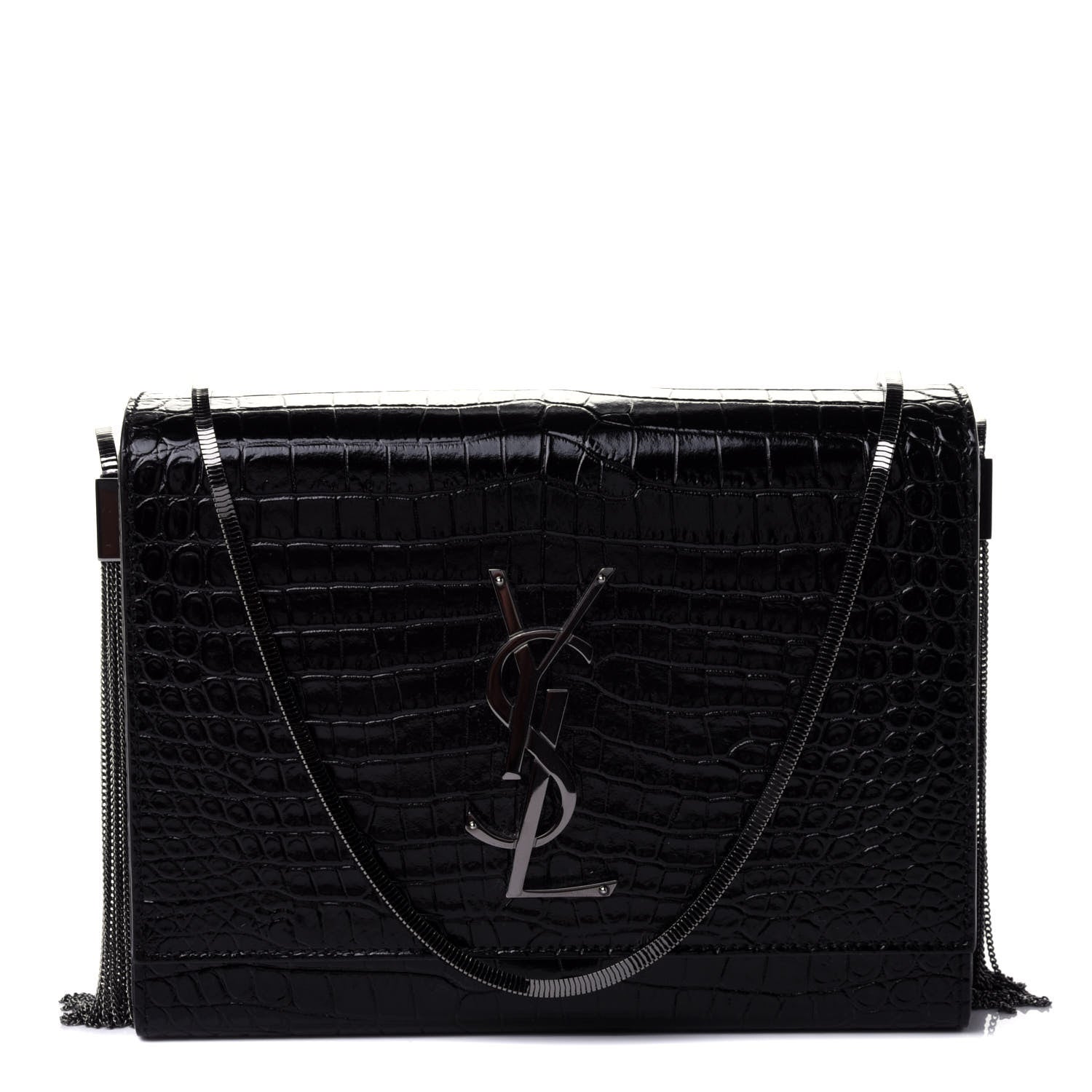 Saint Laurent Calfskin Crocodile Embossed Monogram Small Kate Slide Chain Crossbody Box Bag Black 1 of 4