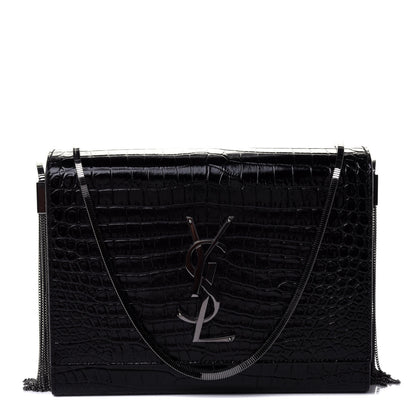 Saint Laurent Calfskin Crocodile Embossed Monogram Small Kate Slide Chain Crossbody Box Bag Black 1 of 4