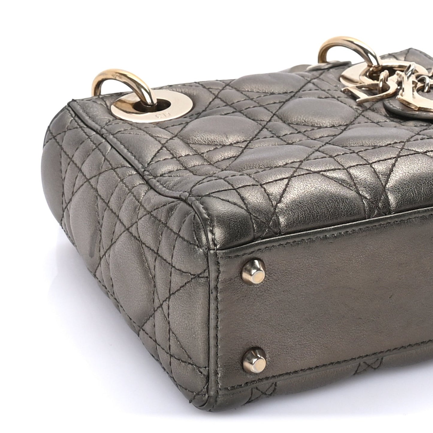 Metallic Lambskin Cannage Mini Lady Dior Dark Grey