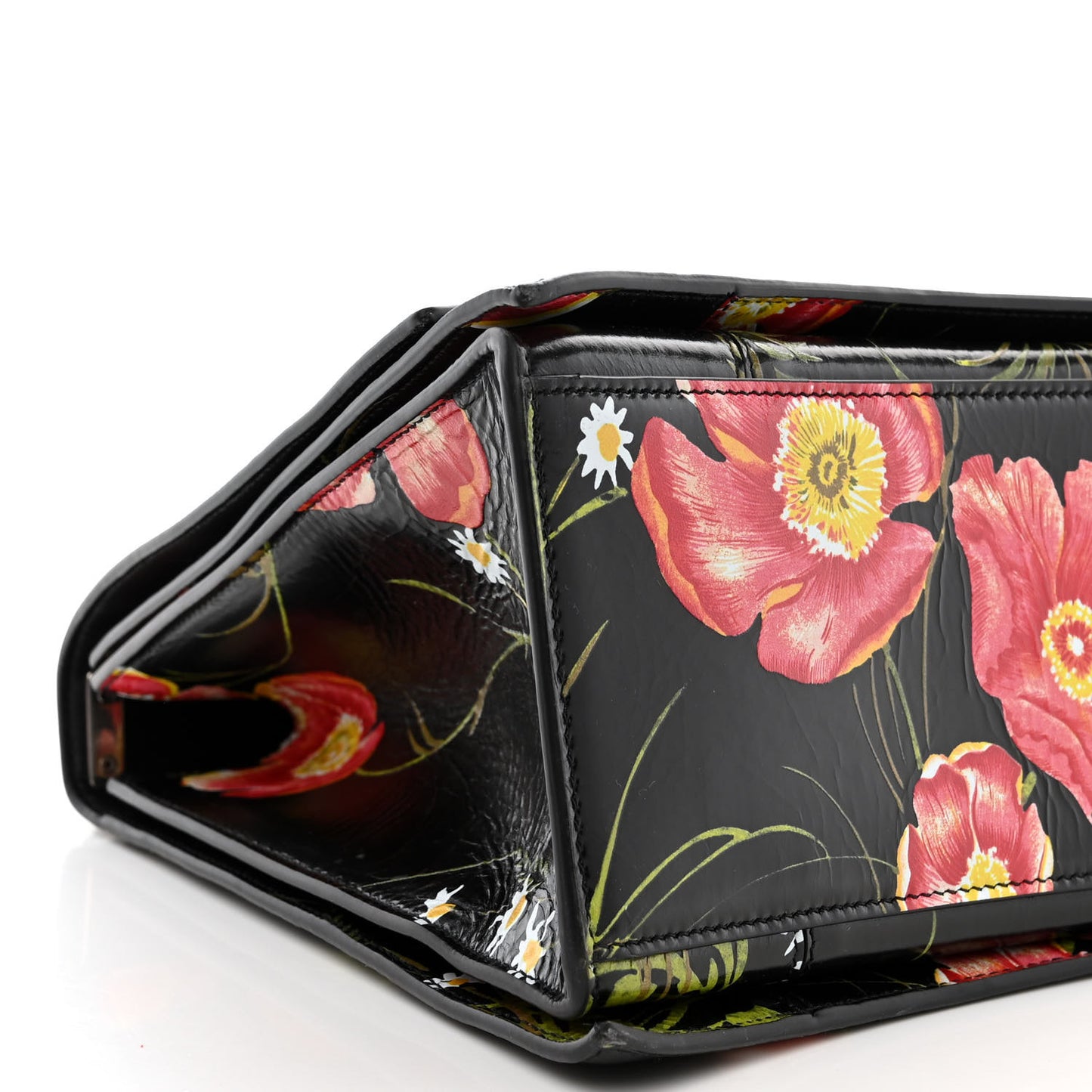 Shiny Paper Calfskin Floral Print Large Crush Sling Bag Black Red