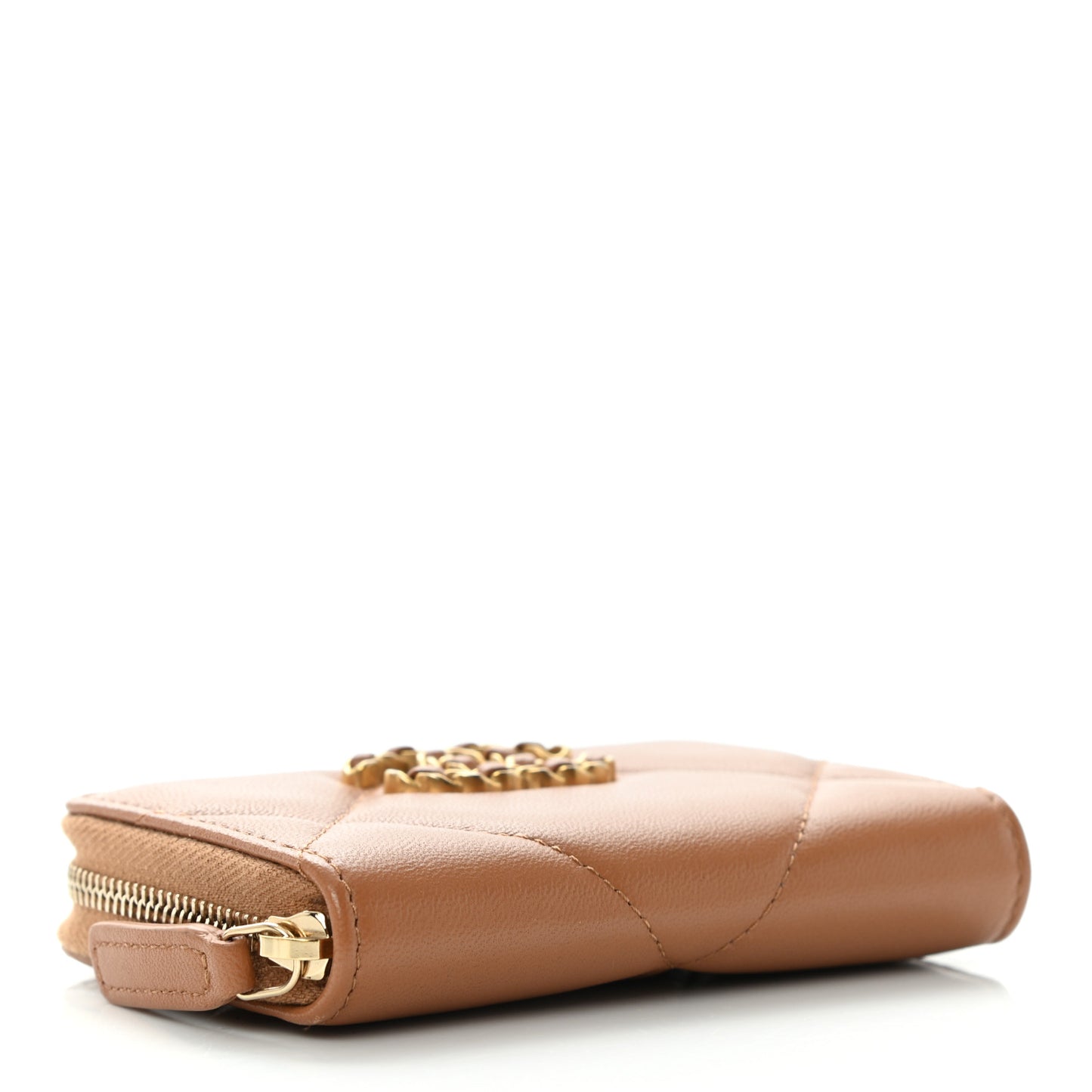 Lambskin Quilted Chanel 19 Zip Around Coin Purse Wallet Brown