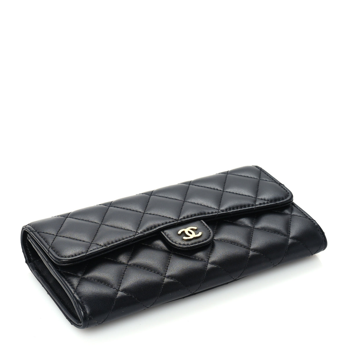 Lambskin Quilted Large Gusset Flap Wallet Black