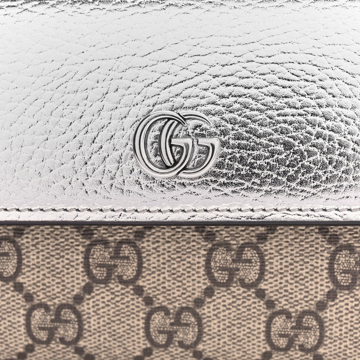 Metallic Calfskin GG Supreme Monogram Petite GG Marmont Wallet Chain Bag Silver Beige Ebony