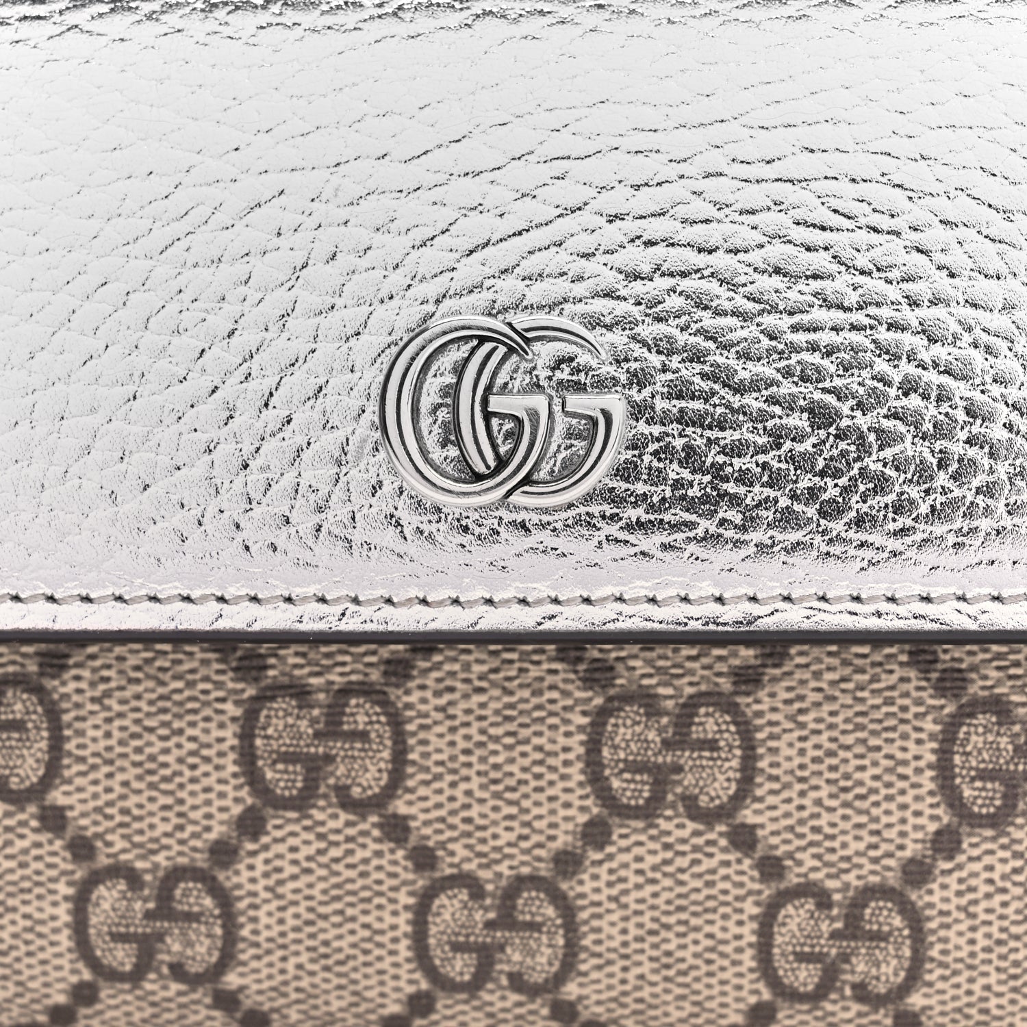 Gucci Metallic Calfskin GG Supreme Monogram Petite GG Marmont Wallet Chain Bag Silver Beige Ebony 6 of 8