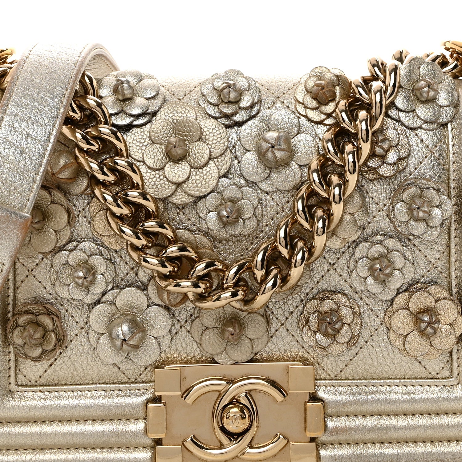 Chanel Metallic Calfskin Quilted Camellia Small Boy Flap Gold 8 of 18