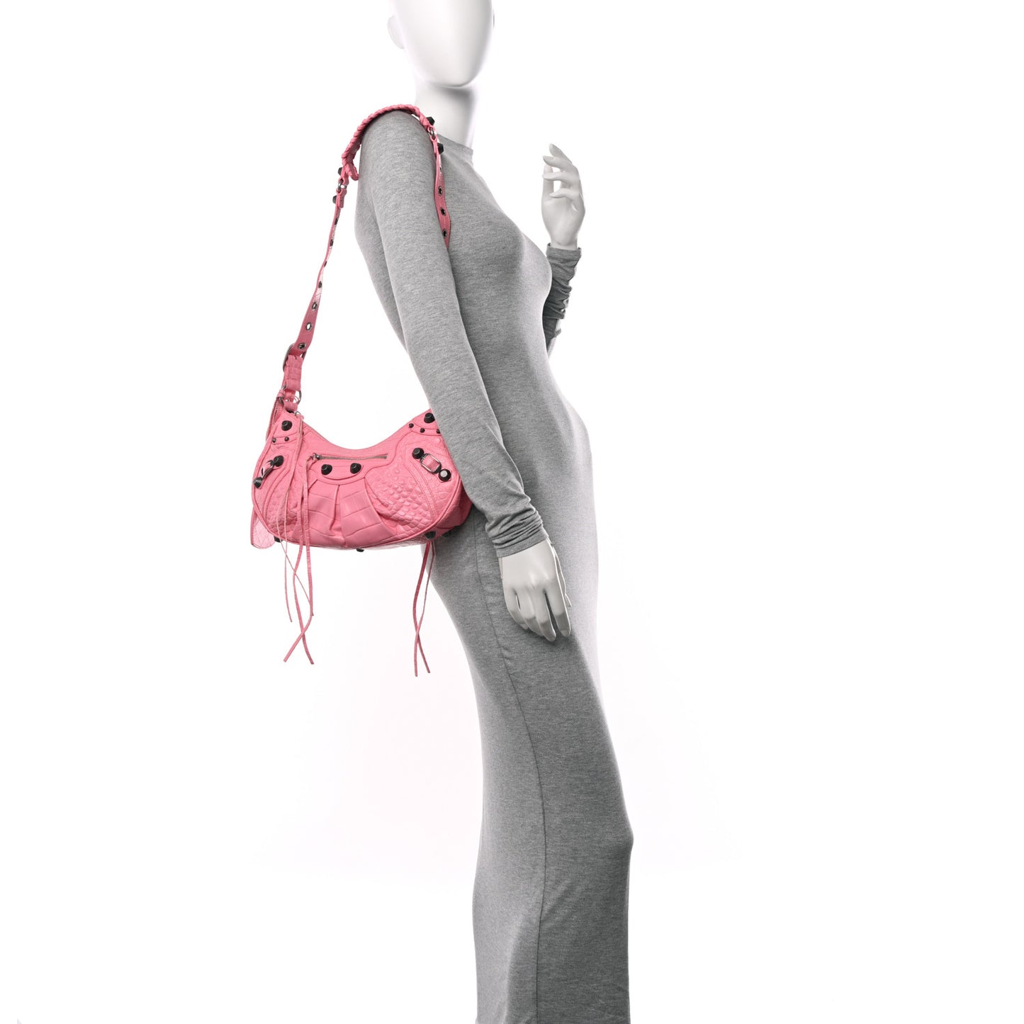 Extra Supple Calfskin Crocodile Embossed Small Le Cagole Shoulder Bag Sweet Pink