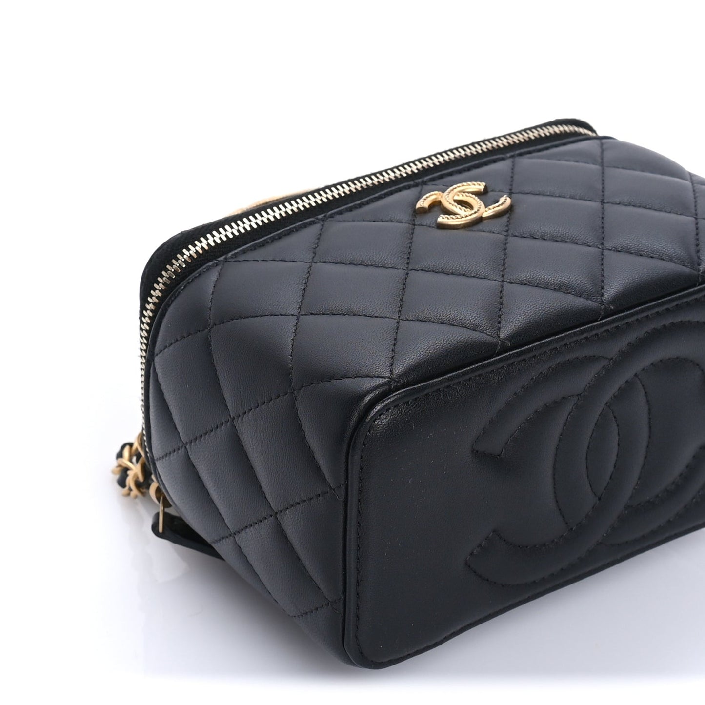 Lambskin Quilted Metal Twist Small Top Handle Vanity Case With Chain  Black