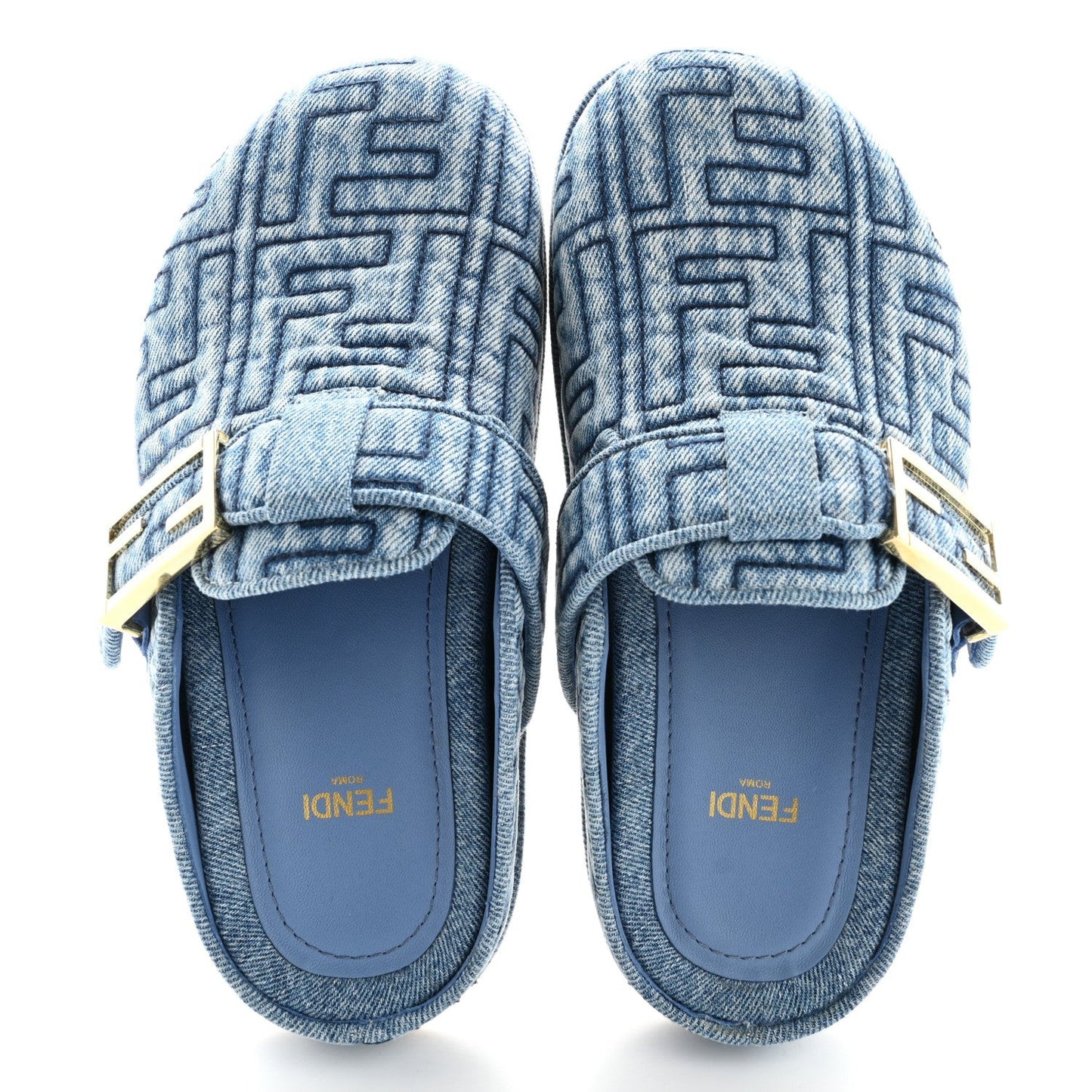 Denim Jacquard FF Womens Feel Buckled Mules 35 Blue