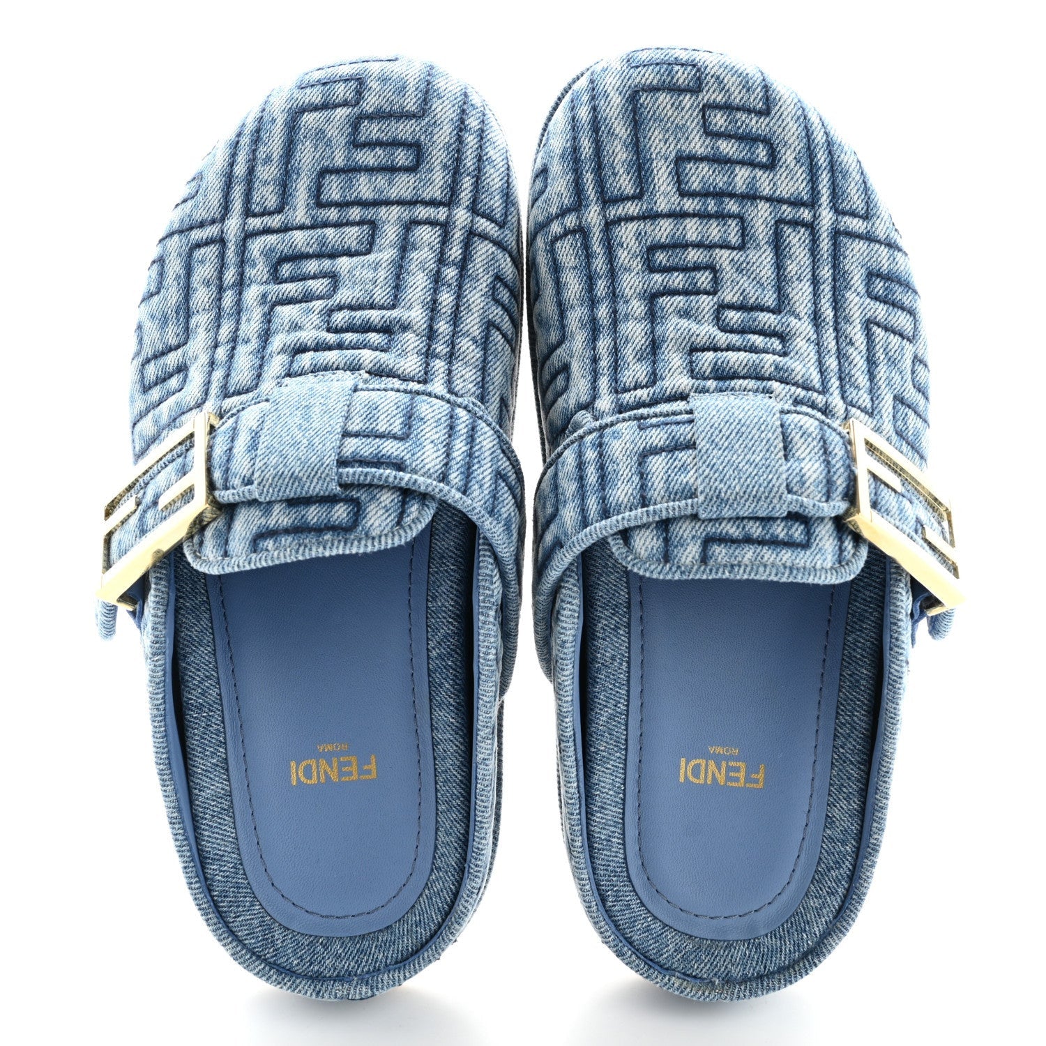 Fendi Denim Jacquard FF Womens Feel Buckled Mules 35 Blue 2 of 7
